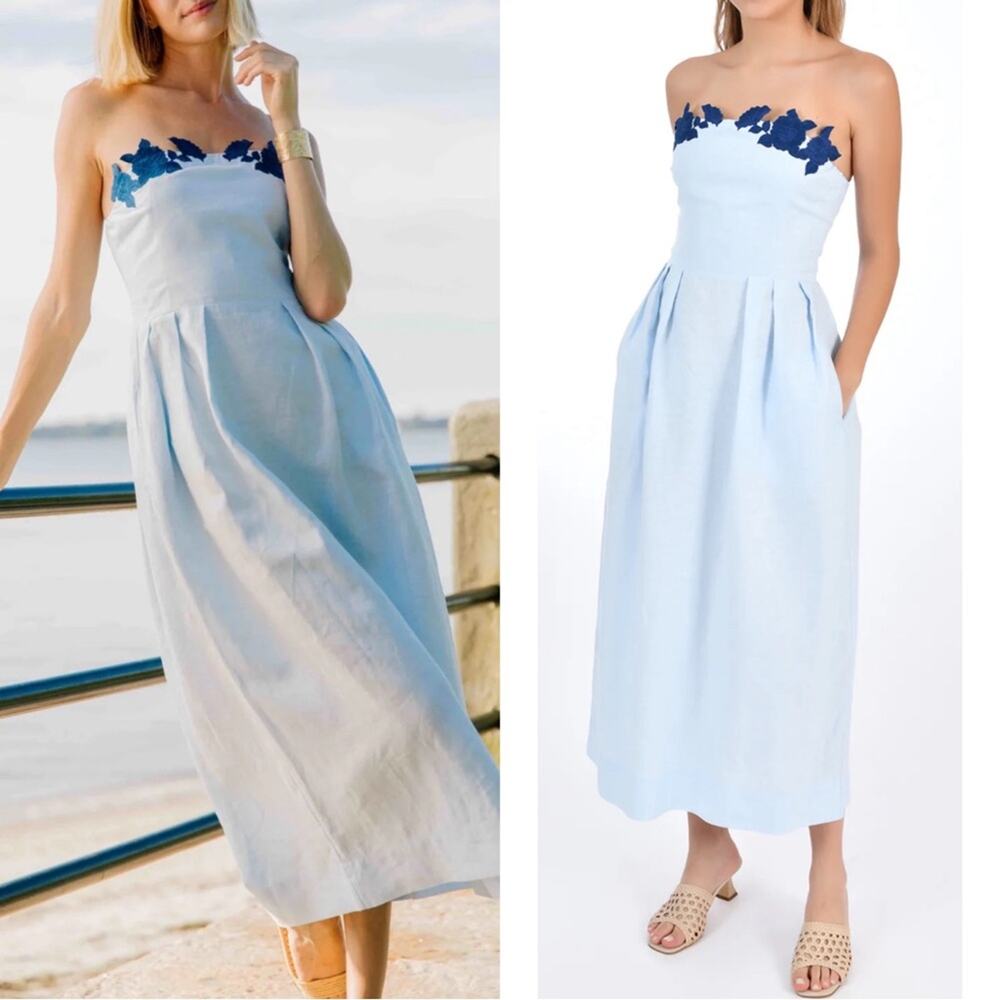 FANM MON Lorr Strapless Floral Embroidered Light Lagoon Blue Midi Dress Size XL